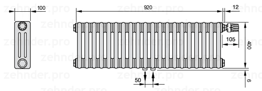 Схема (чертеж) Радиатор Zehnder Charleston 3040/20 №V008 Белый глянцевый RAL 9016